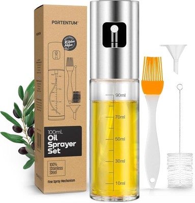PORTENTUM Oil Sprayer 100 ml Stainless Steel Oil Dispenser Glass Bottle with