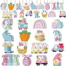 Kathfly 32 Pieces Easter Ornaments for Tree Pastel Spring Wooden Decorations...