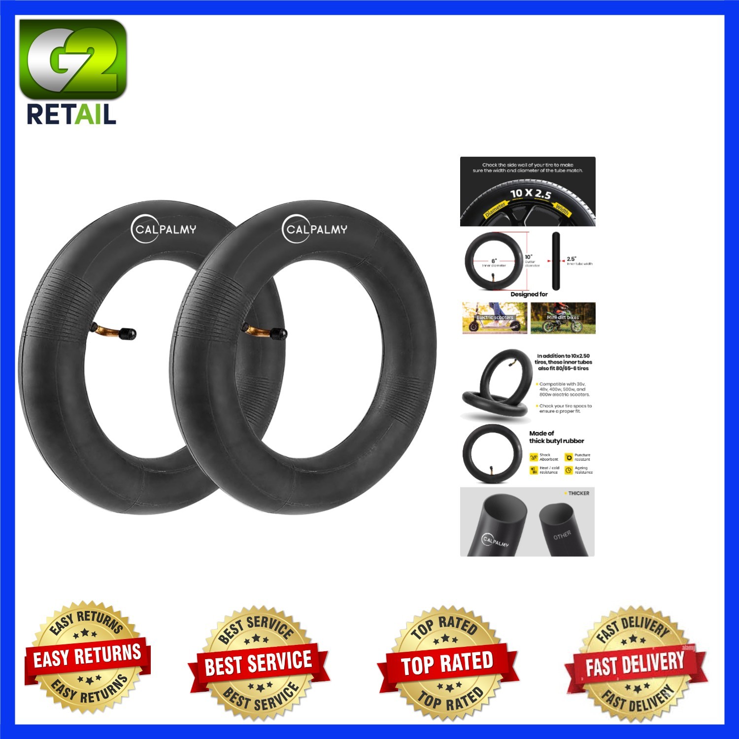 2-Pack Heavy-Duty 10-Inch Inner Tubes - Compatible with E-Scooters & Tricycles