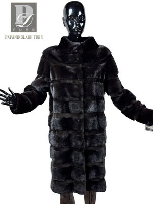 Real Fur Mink Black Horizontal Jacket With Sheared Stripes & Collar
