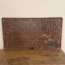 Antiguo recolector Baldwin cosechadora cosechadora placa de patente de letrero de hojalata