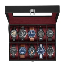 Watch Box 10-Slot Watch Case with Large Glass Lid Removable Watch Pillows Wat...