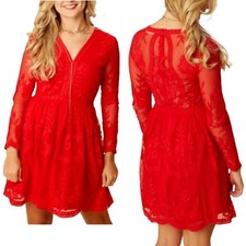 Altar'd State Whimsical Red Lace Dress SMALL NWT Long Sleeves Sheer Back Short