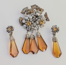 Vtg Art Deco Miriam Haskell Cut Amber Glass Dangle Brooch Clip On Earrings Set 