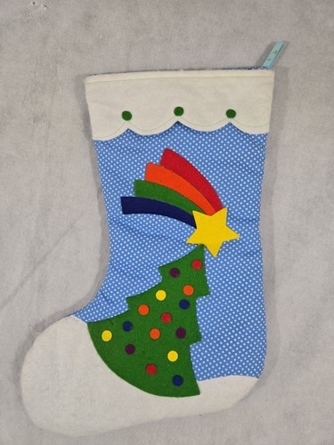 Vtg Quilted Christmas Stocking Rainbow Star Tree Felt Applique 16" Wooltex Int