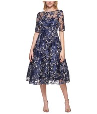 Eliza J Womens Floral Illusion A-line Dress, navy, 6