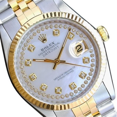 Mens Rolex Datejust Two-Tone White MOP Diamond Dial Jubilee 36mm Watch 16013