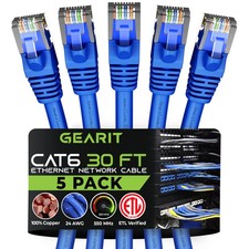 Cat 6 Ethernet Patch Cable 30 ft Blue 5 Pack - Cat6 Patch Cables 30ft Blue/...