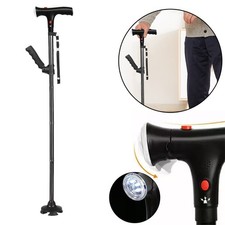 1X Elder Folding Walking Stick Walking Cane Height Adjustable LED Light Alarm