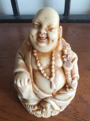 Buddah Figurine 4in Laughing Carved Stone Very Detailed Mid Century Small Statue