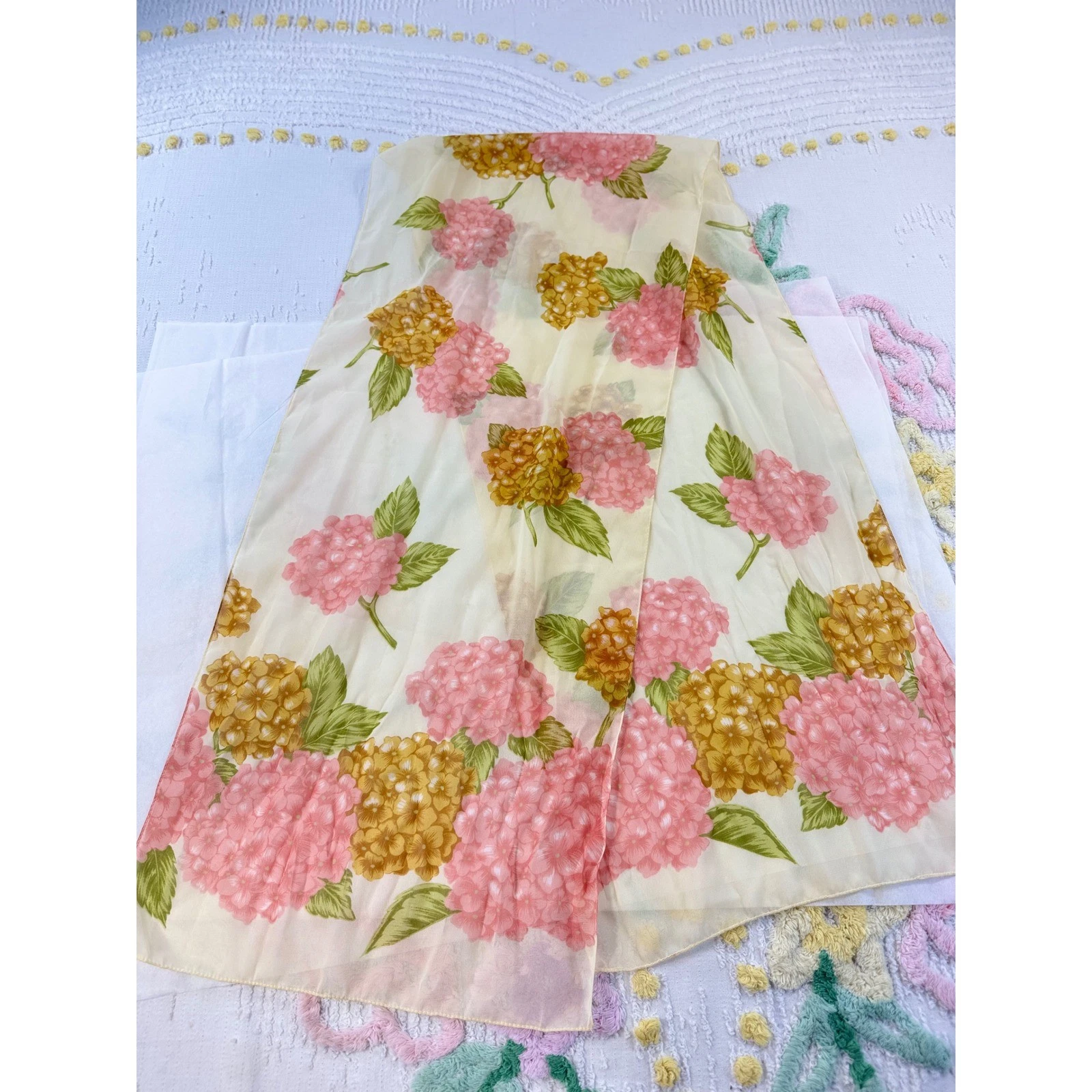 Vintage Sheer Floral Hydrangea Scarf Pink Yellow Cream Lightweight Rectangular