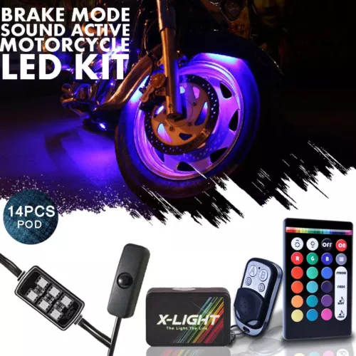 LED Motorcycle Neon Glow Accent Kit, 84 lights, 14 Pods, w/Remote and Switch 