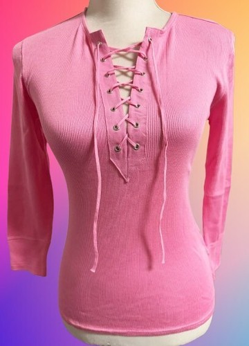 Neu mit Etikett Y2K Ralph Lauren rosa geripptes Henley-Damentop zum Schnüren Baumwolle Black Label M