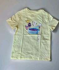 Kids T-shirt L 10/12 Boys or Girls Yellow Graphics Eggs In a Swimming Pool