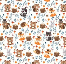 50cm  Dekostoff 100% Baumwolle Weiß mit Waldtieren: Fuchs Bär Hase Eichhörnchen