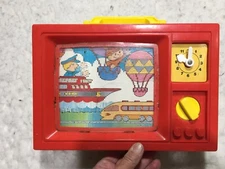 VTG 1979 Blue-Box Wind-Up Musical Toy With Screen Moving Images BROKEN