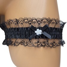 Satin Leg Garter Lace Ruffle Trim Mini Bow Faux Jewel Flower Accent Black 3555