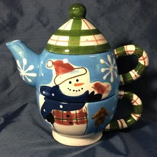 Christmas Teapot & Cup Snowman & Tree Winter Snow ‘Tea for One’ Harry & David