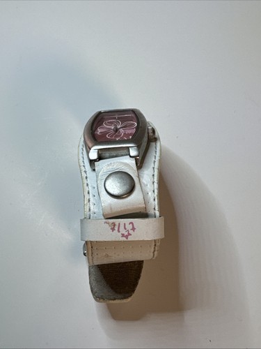Kippbares lila Zifferblatt Schmetterling silber Damenuhr Armband weißes Band - Bild 5 von 6
