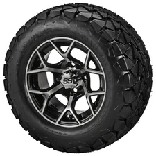 (4) Golf Cart 22x10-12 Trail Fox A/T Tires on 12x7 Black/Machined Ninja Wheels