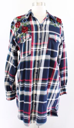 Zara Basic Denim Flannel Plaid Floral Embroidered… - image 1