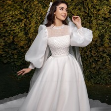 Muslim A-line Wedding Dresses O-Neck Lace Puff Sleeve Draped Pleat Floor Length