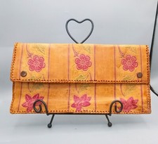 Vintage Indian Aztec Clutch Tooled Leather Snap Fold Purse 12" X 6"FREE SHIPPIN