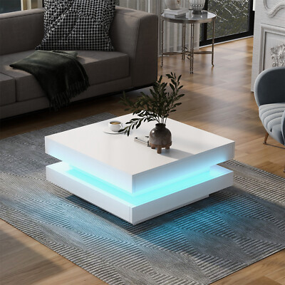 High Gloss Square LED Coffee Table Side End Table Center Tables w/ LED Light