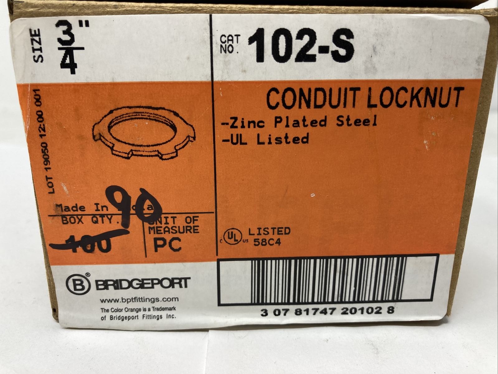 Bridgeport 102S Conduit Locknut Zinc Plated Steel (Box of 90) eBay