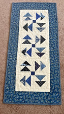 Hand Made Quilted Table Runner/ Topper /Mat 14.5" x 31" Blues Cream