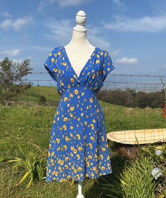 FREE PEOPLE Y2K Blue Yellow Floral Mini Dress Flawed ! Size 4 | eBay