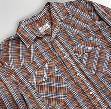 Levi's Big E Blue Tab Western Pearl Snap Shirt XL 1960s 70s Plaid Lurex Gripper