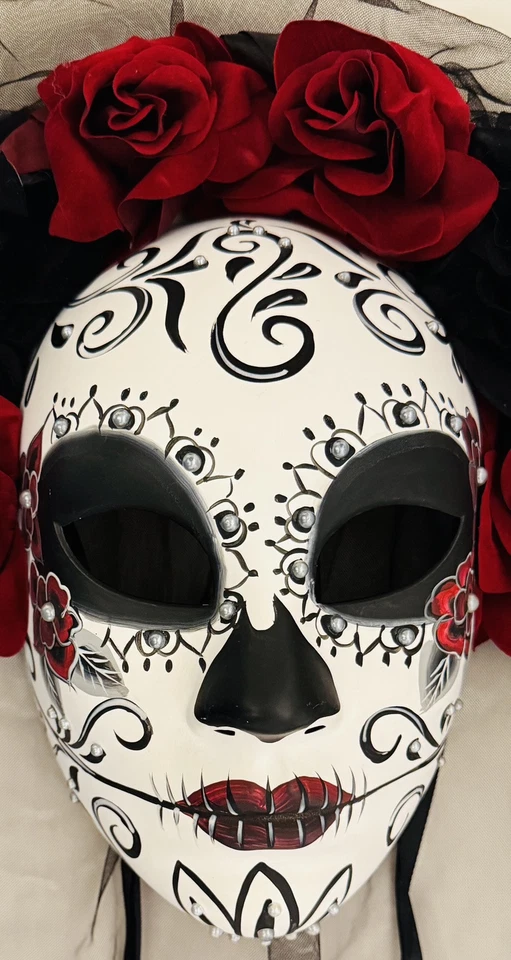 Day of the Dead Dia de los Muertos Full Face Masquerade Mask with Black Veil - Image 2 of 4