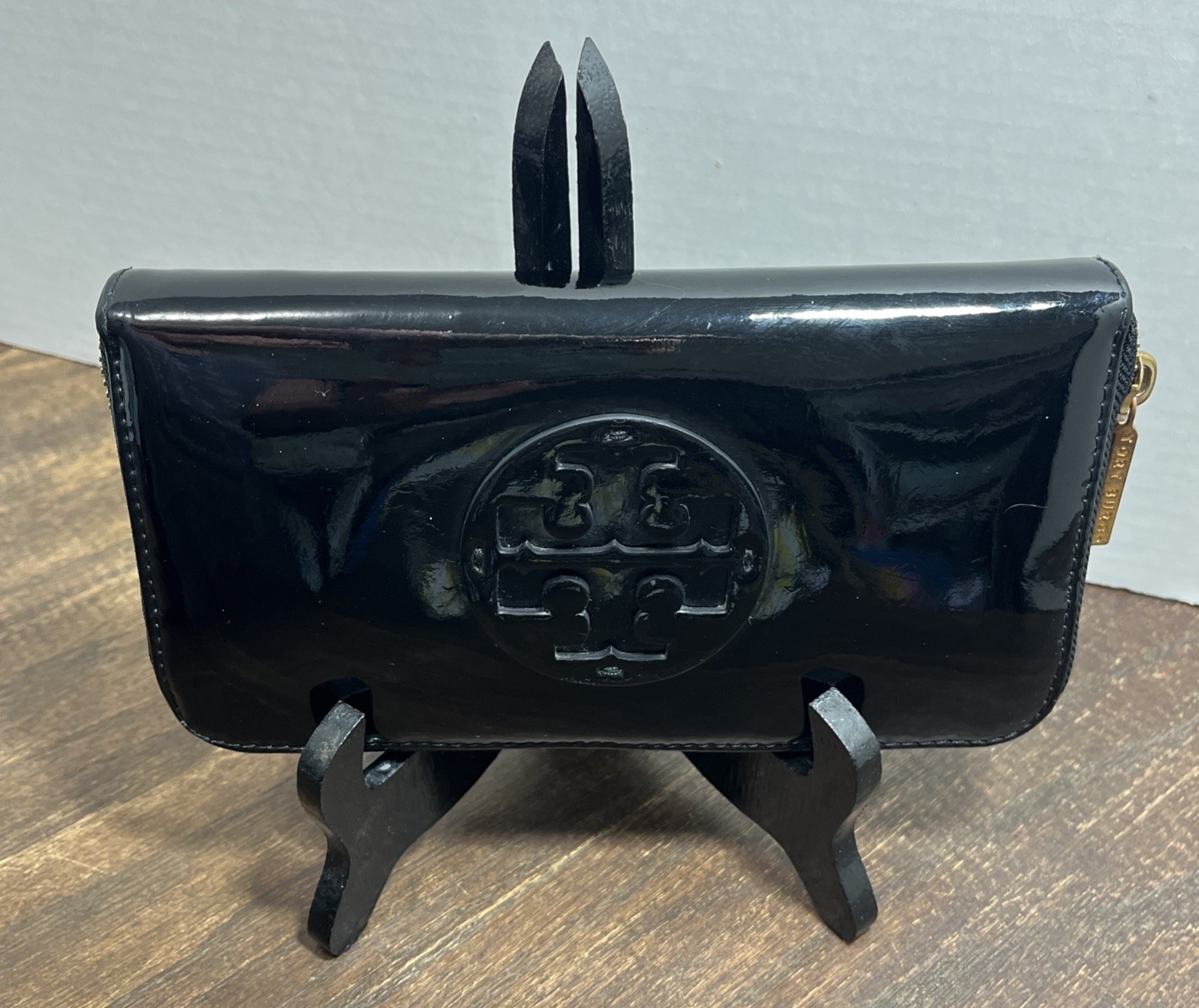 Tory Burch Black Patent Leather Wallet Zip Around