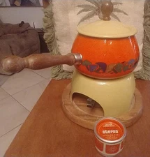 🍄Vintage Porcelain Enamel Fondue Set  Flower Mushroom Pattern With 8 Sticks💥