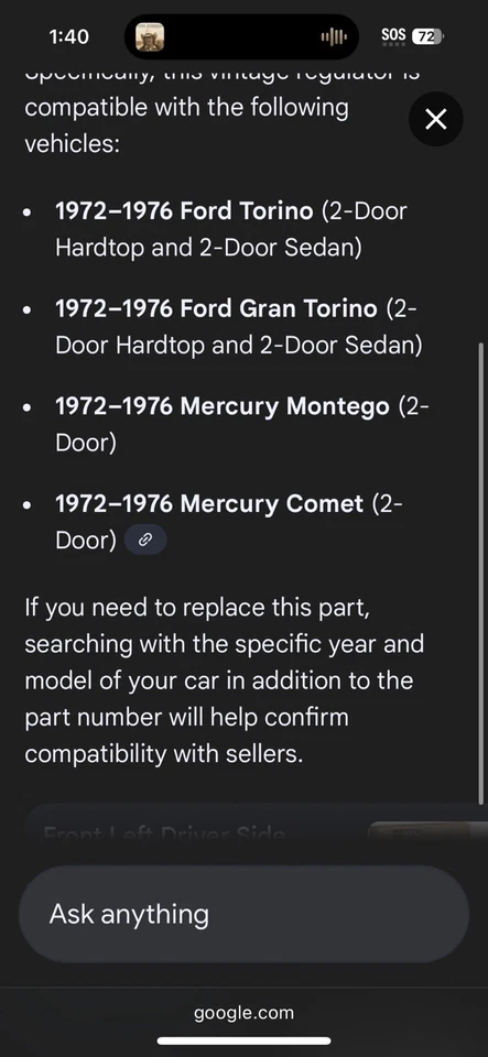 New OEM Ford D2SZ6523201A LH Window Regulator Assembly Fits 1972-76 Torino Comet - Image 2 of 4