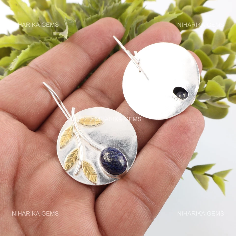 Lapislazzuli Gemma 925 Argento Sterling Art Déco Etnico Unico Orecchini Pendenti - Immagine 3 di 4