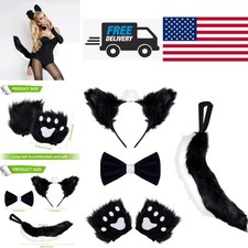 Faux Fur Skunk Ears Tail Set with Bow Tie and Gloves for Women Halloween Costume