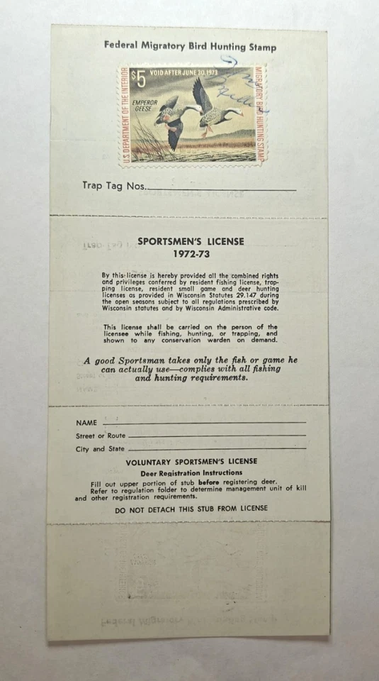 1972 Wisconsin Sportsmen’s License +1972 Federal Stamp #RW39 + RARE ATTACHMENTS - Image 2 of 2