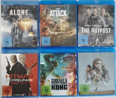 7x Blu-ray :  Alone, Dune,  The Attack, The Outpost, Godzilla vs Kong, Hitman DP