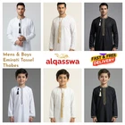 Mens & Boys Emirati Tassel Thobe Embroidery Jubba  White Black Cream | alqasswa