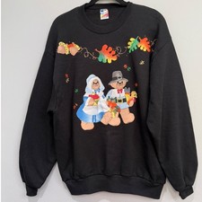 Vintage Jerzees Thanksgiving Pilgrim Bears Sweatshirt Black L Made in USA Fall