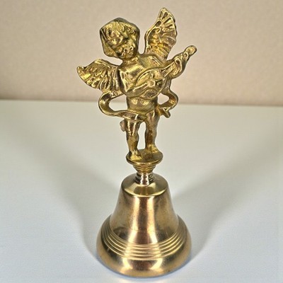 Vintage Solid Brass Dinner Hand Bell Angel Cherub Playing Lute | eBay