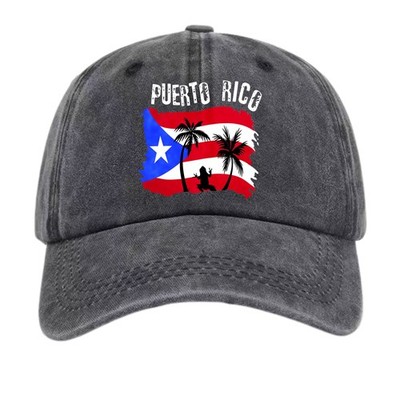 Vintage Washed  Hat Puerto Rico Flag Coqui Frog Palm Tree Patriotic Baseball Cap