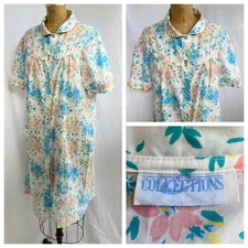 vtg COLLECTIONS Mod Floral Duster Day House Dress Robe Snaps Rockabilly L EUC