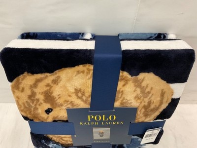 NWT POLO Ralph Lauren Navy White STRIPED RL DENIM BEAR 50” X 70