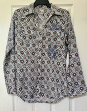 Rock 47 Wrangler Blue Brown Floral Blue Embroidered Pearl Snap Shirt Size Medium