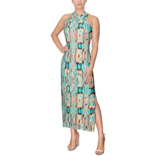 NEW Rachel Roy abstract halter neck long maxi dress slit retro