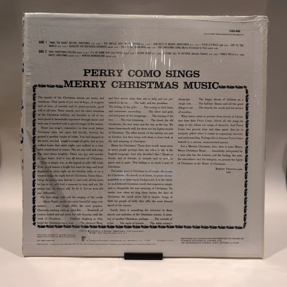 Perry Como : Sings Merry Christmas Music LP Pickwick Record Vinyl Shrink VG/VG+ - Image 2 of 4