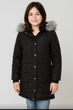 Girls Justice Black Puffer Jacket with Gray Faux Fur Hood M